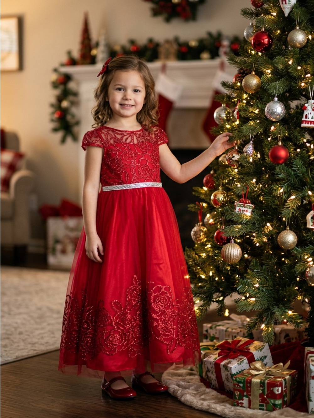 Rare Editions Red Lace & Tulle Sparkle Dress